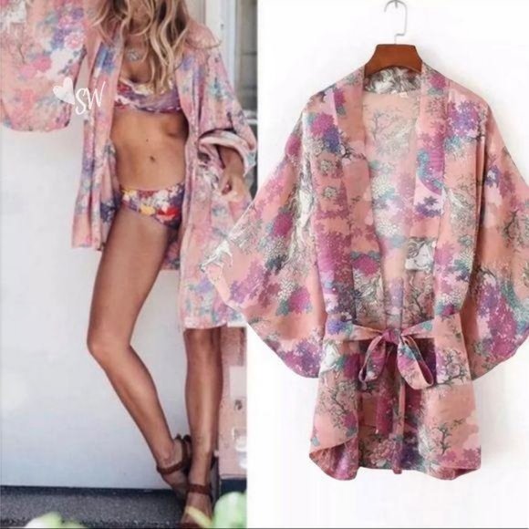 Luxe Boho Wild Horses Pink Floral Kimono Coverup - Picture 2 of 9